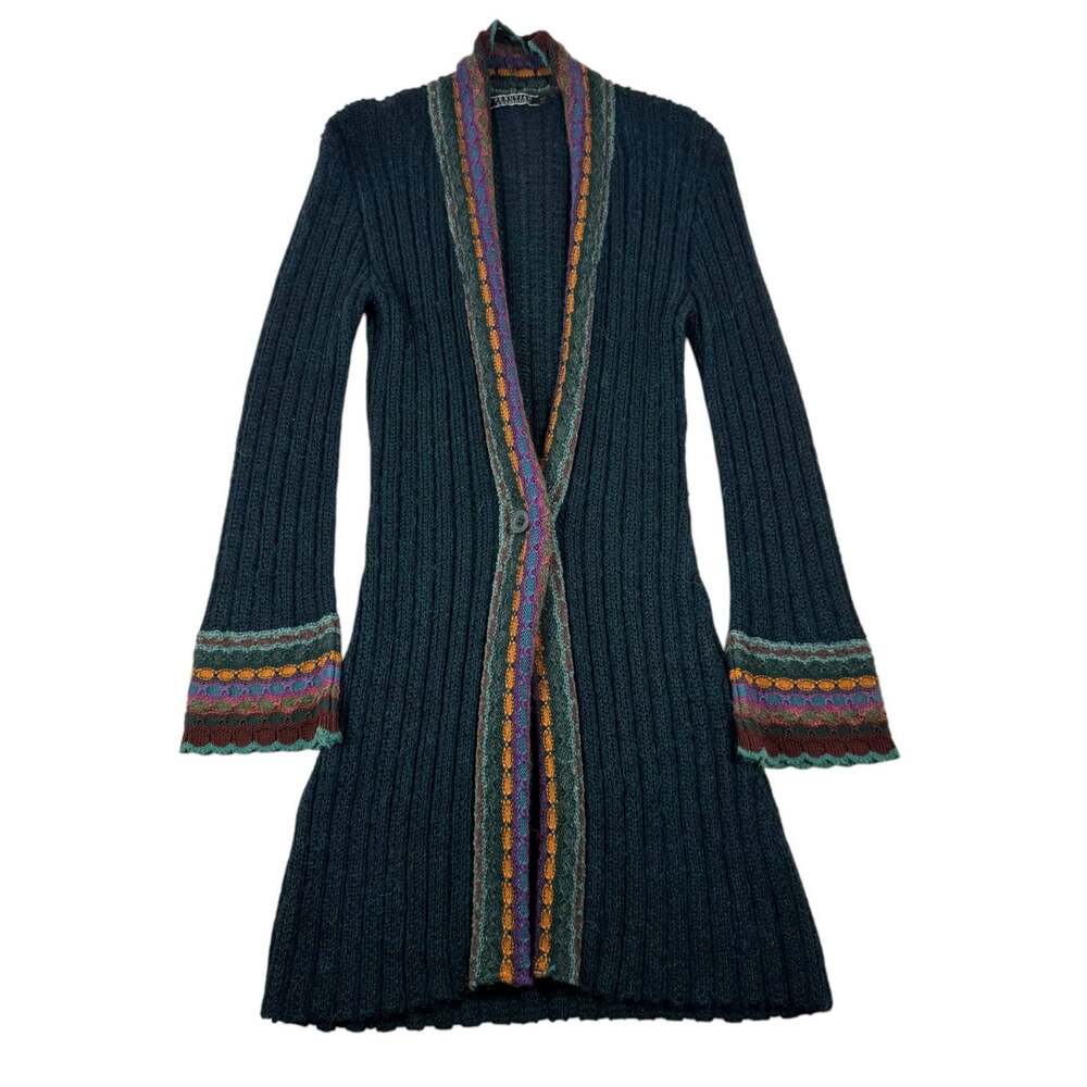 Peruvian Connection Longline One Button Cardigan SP S Petite Alpaca Dark Green